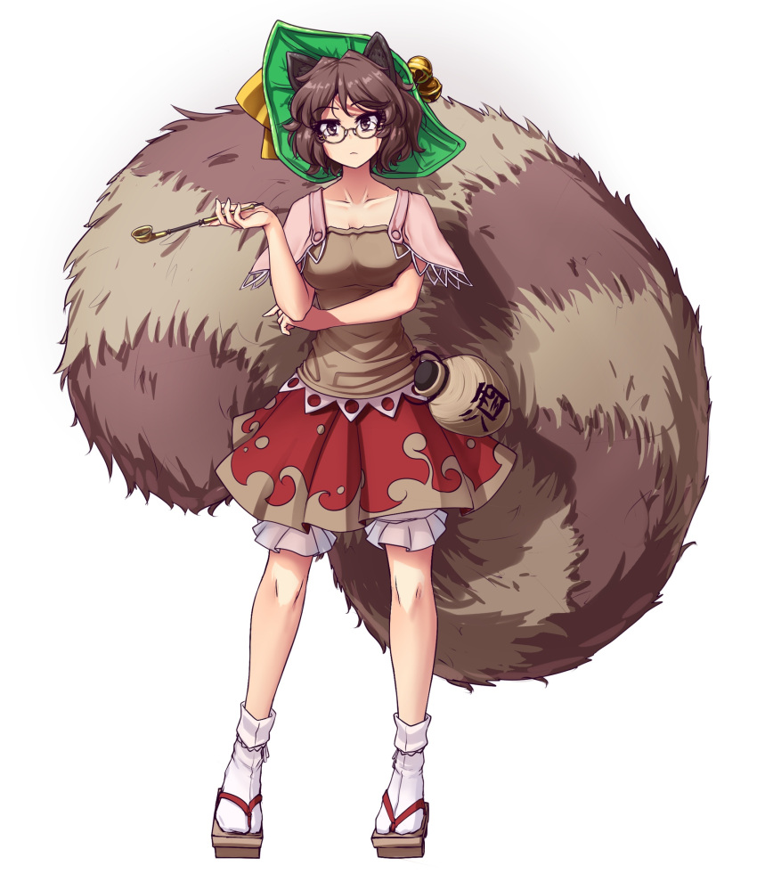 1girl animal_ears bangs brown_footwear brown_hair brown_shirt full_body futatsuiwa_mamizou geta glasses hater_(hatater) highres holding holding_smoking_pipe leaf leaf_on_head long_tail looking_at_viewer mysteries_of_eastern_creatures pince-nez raccoon_ears raccoon_girl raccoon_tail shirt short_hair smoking_pipe socks solo standing tail third-party_source touhou white_socks