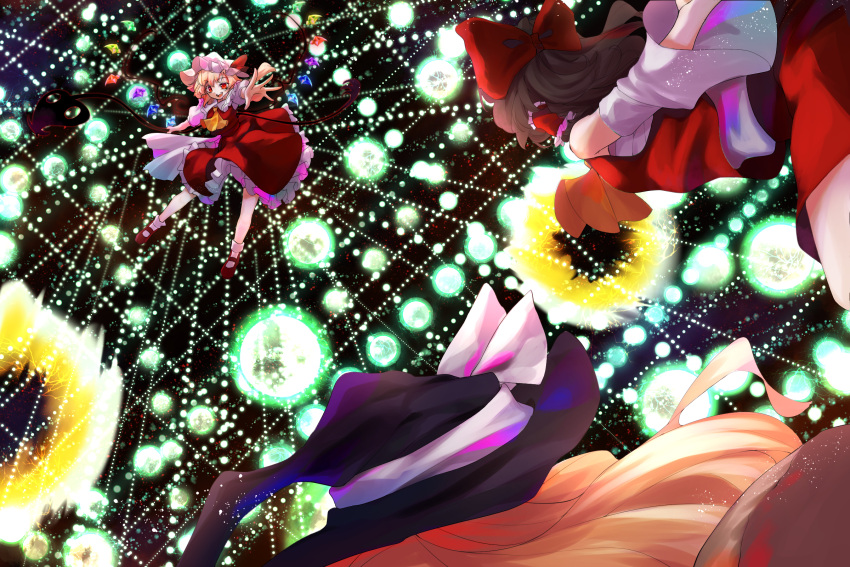 3girls :d ascot back_bow bangs bat_wings battle black_hair blonde_hair bow calpis118 commentary commission crystal danmaku detached_sleeves dress dutch_angle energy_ball excited fighting_stance flandre_scarlet flying frilled_dress frills from_behind full_body hair_bow hakurei_reimu hat hat_bow highres japanese_clothes kirisame_marisa laevatein_(touhou) long_hair long_sleeves looking_at_another medium_hair miko mob_cap multicolored_wings multiple_girls open_hand open_mouth outstretched_arm puffy_short_sleeves puffy_sleeves rainbow_order red_bow red_dress red_eyes red_footwear red_shirt shirt short_sleeves skeb_commission smile socks spell_card teeth touhou upper_teeth_only white_bow white_shirt white_socks wide_sleeves wings witch_hat yellow_ascot