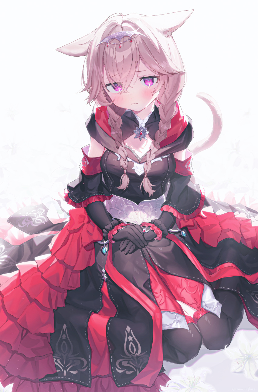 1girl animal_ears avatar_(ff14) black_dress black_gloves black_thighhighs braid brooch cat_ears cat_girl cat_tail dress final_fantasy final_fantasy_xiv frilled_dress frilled_thighhighs frills full_body funa_(sakana) gloves highres jewelry light_brown_hair looking_at_viewer medium_hair miqo'te red_dress sitting tail thigh-highs twin_braids wavy_mouth