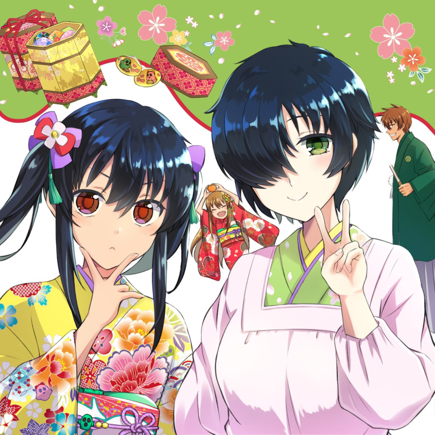 1boy 3girls black_hair brown_hair closed_mouth crook_mofus el_mofus_3_(rance_10) el_mofus_4_(rance_10) father_and_daughter food green_eyes green_kimono hair_ornament hair_over_one_eye hand_on_own_chin highres japanese_clothes kimono long_hair mamizuna mother_and_daughter multiple_girls open_mouth rance rance_(series) rance_10 red_eyes red_kimono sharp_teeth short_hair smile teeth twintails v yellow_kimono yukata