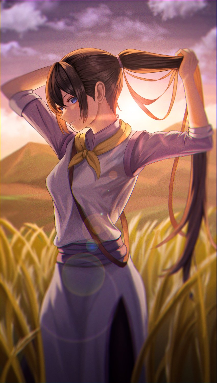 1girl absurdres arms_up bangs blue_eyes blurry blurry_background brown_hair commission dress fighter_(goblin_slayer!) furiasu goblin_slayer! hair_between_eyes highres lens_flare long_hair long_sleeves mountainous_horizon outdoors parted_lips pinafore_dress pixiv_commission ponytail purple_sleeves solo sunrise tying_hair very_long_hair white_dress