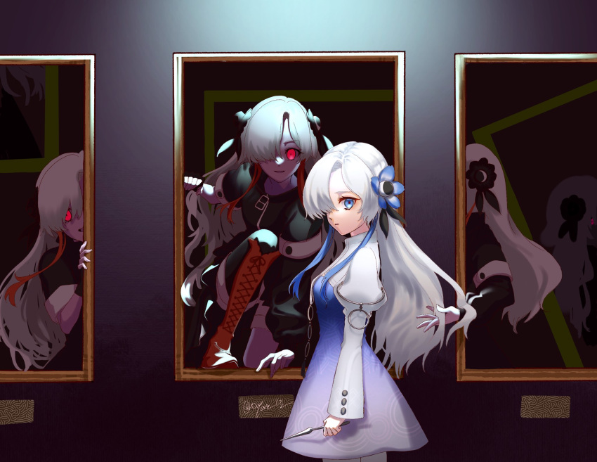 5girls aota_dengaku asymmetrical_sleeves black_coat black_flower blue_dress blue_eyes blue_hair clone coat cowboy_shot cross-laced_footwear dress expressionless flower gloves gradient_dress hair_flower hair_ornament hair_over_one_eye hand_in_another's_hair highres indoors isekai_joucho kamitsubaki_studio long_hair looking_at_viewer multicolored_hair multiple_girls painting_(object) parted_lips red_eyes red_footwear redhead shorts single_glove smile through_painting two-tone_dress two-tone_hair uneven_sleeves virtual_youtuber white_dress white_hair white_shorts