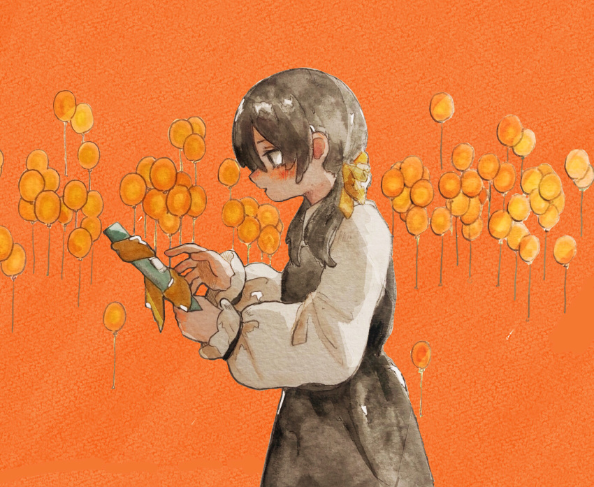 1girl apricot_(vocaloid) balloon bangs black_dress black_eyes black_hair blush dress from_side hair_over_shoulder hair_ribbon hand_mirror highres holding holding_mirror long_sleeves looking_at_object looking_down low_twintails medium_hair mirror nose_blush open_mouth orange_background profile puffy_long_sleeves puffy_sleeves reaching ribbon sabaku_(saba9) shirt solo traditional_media twintails upper_body watercolor_pencil_(medium) white_shirt white_sleeves yellow_ribbon