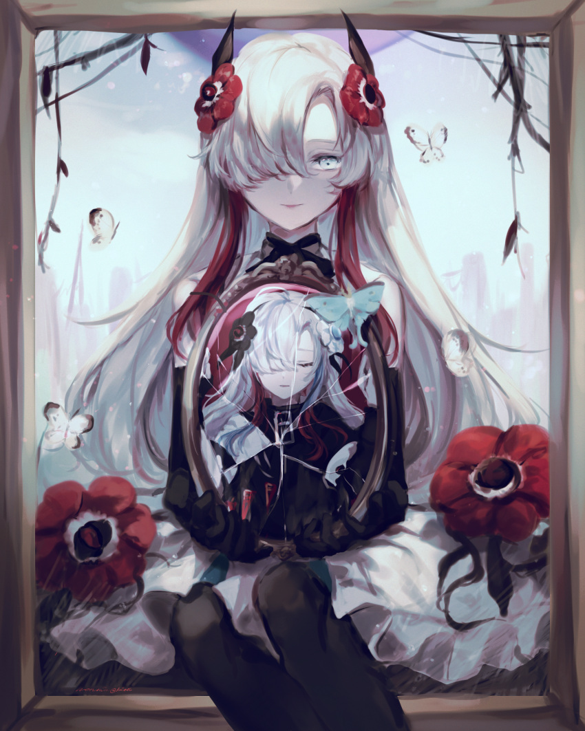 1girl absurdres anemone_(flower) bare_shoulders black_coat black_gloves black_pantyhose broken_mirror bug butterfly closed_eyes coat dress elbow_gloves expressionless feet_out_of_frame flower gloves hair_ornament hair_over_one_eye highres holding holding_mirror isekai_joucho kamitsubaki_studio mirror multicolored_hair multiple_views pantyhose redhead reflection ruoruomi sitting sketch sleeveless sleeveless_dress smile two-tone_hair virtual_youtuber white_eyes white_hair