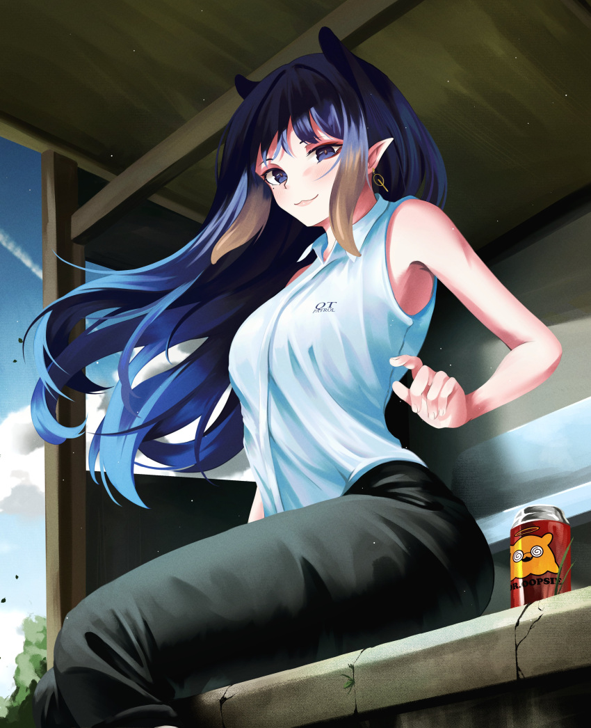 1girl absurdres black_pants blue_sky blush can clouds earrings gold_earrings grey_eyes highres hololive hololive_english jewelry long_hair looking_at_viewer mole mole_under_eye ninomae_ina'nis pants pointy_ears purple_hair qt_patrol shirt sitting sky smile soda soda_can solo takodachi_(ninomae_ina'nis) tentacle_hair virtual_youtuber white_shirt