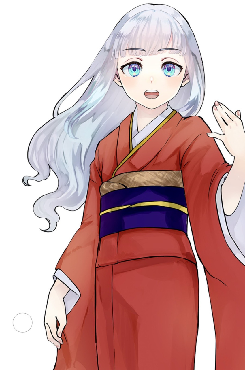 1girl :d bangs blue_eyes blunt_bangs character_request copyright_request cowboy_shot grey_hair hand_up highres japanese_clothes kimono long_hair long_sleeves obi red_kimono sash satou_usuzuku simple_background smile solo teeth upper_teeth_only white_background wide_sleeves