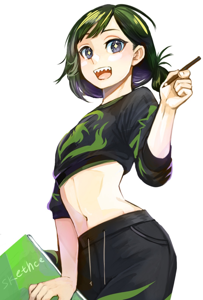 1girl bangs black_eyes black_pants black_shirt book breasts character_request contrapposto copyright_request cowboy_shot crop_top green_hair hair_rings hand_up highres holding holding_book holding_pen long_sleeves midriff navel pants pen print_shirt satou_usuzuku sharp_teeth shiny_skin shirt simple_background small_breasts smile solo sparkling_eyes stomach teeth upper_teeth_only white_background