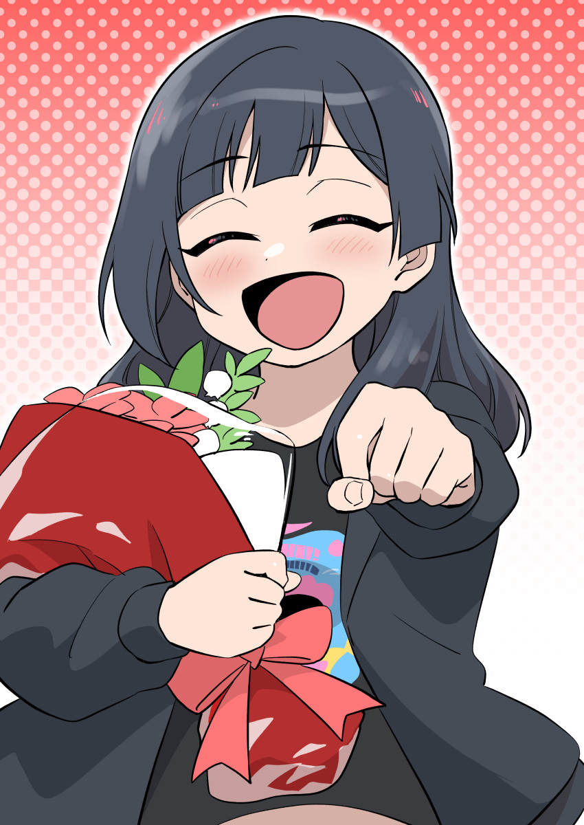 1girl absurdres bangs black_hair black_jacket blush bouquet commentary fist_bump flower gradient_background hair_down highres holding holding_bouquet holding_flower jacket koaraya kusunoki_tomori love_live! love_live!_nijigasaki_high_school_idol_club polka_dot polka_dot_background sidelocks smile solo upper_body voice_actor voice_actor_connection yuuki_setsuna_(love_live!)