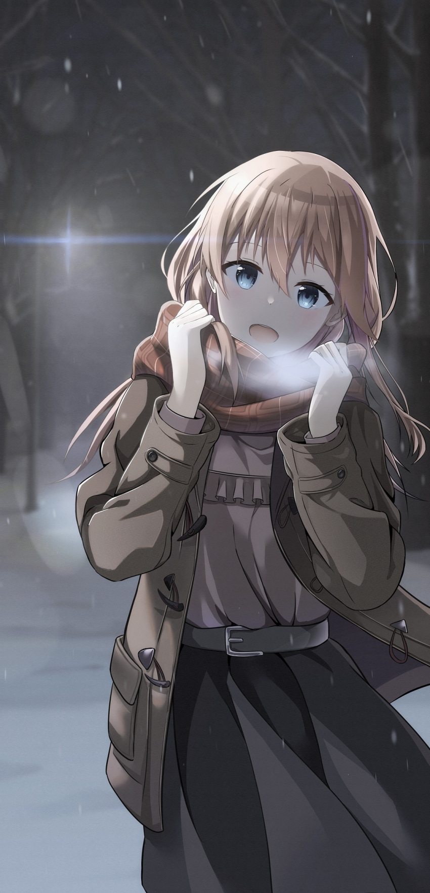 1girl bangs bare_tree belt belt_buckle black_skirt blue_eyes breath brown_coat brown_hair brown_scarf brown_shirt buckle cac_itinose coat commentary_request frilled_shirt frills grey_belt hair_between_eyes hands_up highres lamppost long_hair long_sleeves looking_at_viewer night open_clothes open_coat open_mouth original revision scarf shirt skirt snow snowing solo tree