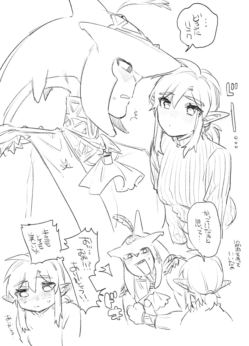 1boy 1girl absurdres ascot bangs blush breasts ear_blush fish_boy greyscale grin highres large_breasts link long_hair monochrome monster_boy open_mouth pointy_ears ponytail sharp_teeth sidon smile speech_bubble sweater teeth the_legend_of_zelda the_legend_of_zelda:_breath_of_the_wild translation_request ttanuu. zora