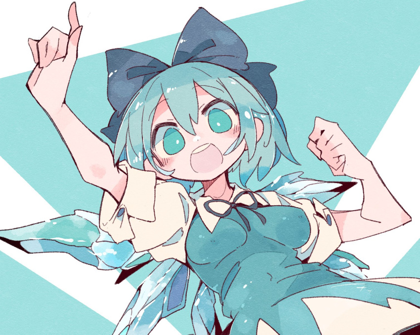 1girl bangs blue_background blue_bow blue_dress blue_eyes blue_hair bow breasts bright_pupils cirno detached_wings dress hair_bow highres ice ice_wings index_finger_raised looking_at_viewer massakasama medium_breasts open_mouth short_hair short_sleeves solo teeth touhou upper_body upper_teeth_only white_pupils wings