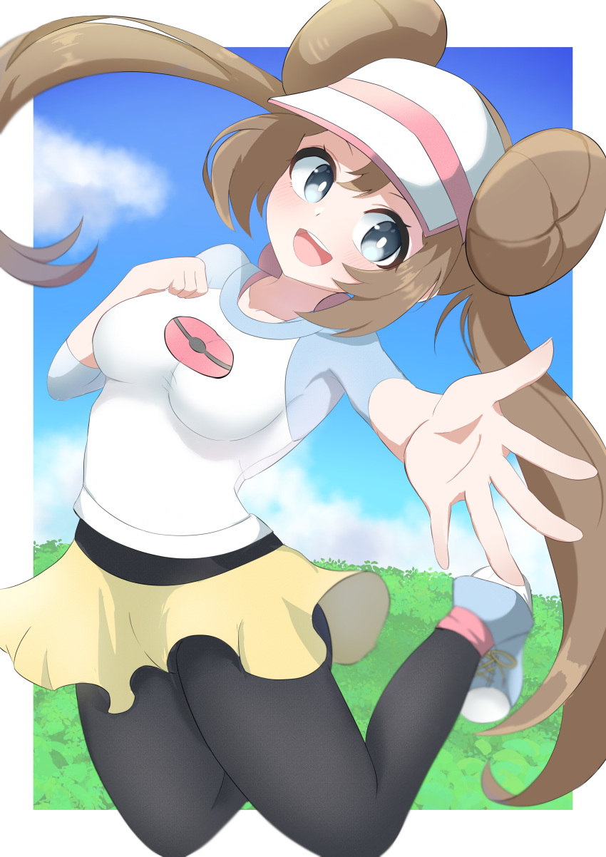 1girl absurdres ass black_pantyhose blue_eyes blush breasts brown_hair double_bun hair_bun highres kion_(namarock8686) looking_at_viewer open_mouth outstretched_hand pantyhose pantyhose_under_shorts poke_ball_theme pokemon pokemon_(game) pokemon_bw2 rosa_(pokemon) shoes shorts smile socks socks_over_pantyhose solo thighs twintails yellow_shorts