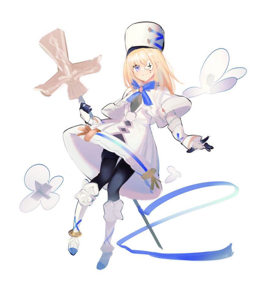 1girl absurdres azur_lane bangs black_bodysuit black_gloves black_pantyhose blonde_hair blue_bow blue_bowtie blue_eyes blue_ribbon blush bodysuit bodysuit_under_clothes boots bow bowtie breasts capelet closed_mouth cross dress eyepatch floating flower flower_eyepatch flower_over_eye full_body fur-trimmed_capelet fur_trim gauntlets gloves hat highres holding holding_staff holding_weapon knee_boots le_terrible_(azur_lane) long_sleeves looking_at_viewer medium_hair moriri one_eye_covered pantyhose ribbon simple_background small_breasts smile solo staff violet_eyes weapon white_background white_capelet white_dress white_footwear white_gloves white_headwear
