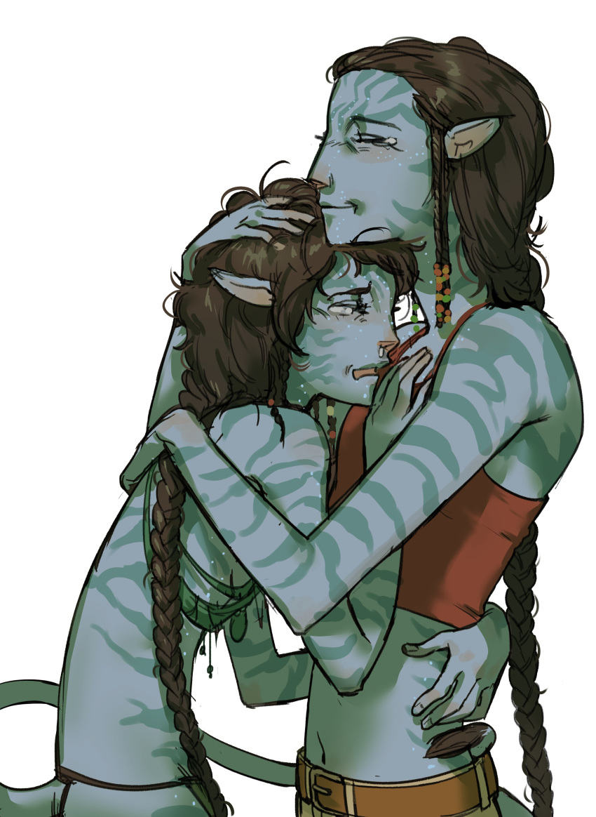 2girls absurdres alien animal_ears avatar:_the_way_of_water blue_skin braid brown_hair cat_ears character_request colored_skin commentary commentary_request crying highres hug james_cameron's_avatar jewelry jui_(dirtybigrat) kiri_(avatar) long_hair mother_and_daughter multiple_girls na'vi navel necklace neytiri open_mouth pointy_ears science_fiction simple_background smile snot tail tank_top tearing_up tribal white_background