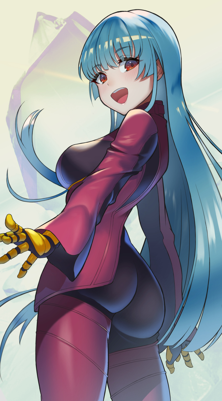 1girl absurdres ass bangs blue_hair bodysuit breasts cowboy_shot gloves highres kula_diamond long_hair looking_at_viewer looking_back medium_breasts sato_one1 simple_background smile the_king_of_fighters the_king_of_fighters_xv violet_eyes white_background