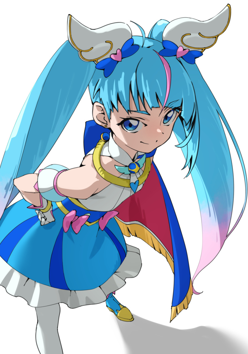 1girl absurdres antenna_hair bangs bare_shoulders blue_cape blue_dress blue_eyes blue_hair bow cape cure_sky detached_sleeves dress earrings gloves hair_ornament hands_on_hips highres hirogaru_sky!_precure jewelry leaning_forward long_hair looking_at_viewer magical_girl multicolored_hair pink_bow pink_hair precure puffy_detached_sleeves puffy_sleeves red_cape simple_background single_earring sleeveless solo sora_harewataru stud_earrings tanabe_(fueisei) thigh-highs twintails two-sided_cape two-sided_fabric very_long_hair white_background white_gloves white_thighhighs wing_hair_ornament