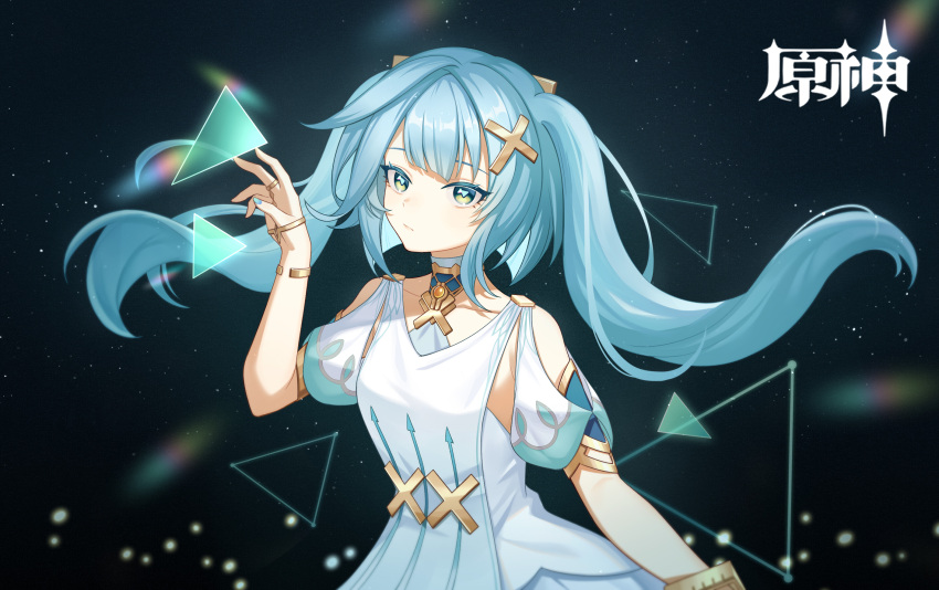 1girl blue_hair blue_nails closed_mouth collarbone dress faruzan_(genshin_impact) floating_hair genshin_impact green_eyes hair_ornament highres jewelry long_hair nail_polish que_meng_meng ring sky solo star_(sky) starry_sky symbol-shaped_pupils twintails white_dress x_hair_ornament