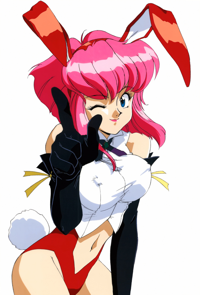 1girl 90s bare_shoulders black_gloves blue_eyes bunny_girl bunny_tail elbow_gloves erect_nipples_under_clothes eyebrows_visible_through_hair highleg highleg_leotard large_breasts misty_may navel one_eye_closed otaku_no_video pink_hair pointing rabbit_ears screencap solo stitched white_background