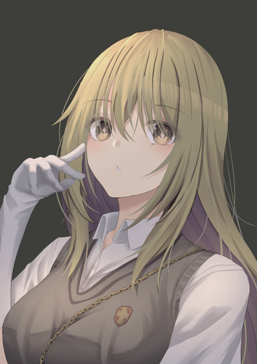 1girl araishi_maro blonde_hair breasts bright_pupils brown_eyes brown_sweater_vest collared_shirt commentary_request elbow_gloves gloves highres large_breasts long_hair looking_at_viewer portrait revision school_uniform shirt shokuhou_misaki short_sleeves simple_background solo sparkling_eyes star-shaped_pupils star_(symbol) sweater_vest symbol-shaped_pupils toaru_kagaku_no_mental_out toaru_kagaku_no_railgun toaru_majutsu_no_index tokiwadai_school_uniform white_background white_gloves white_pupils white_shirt