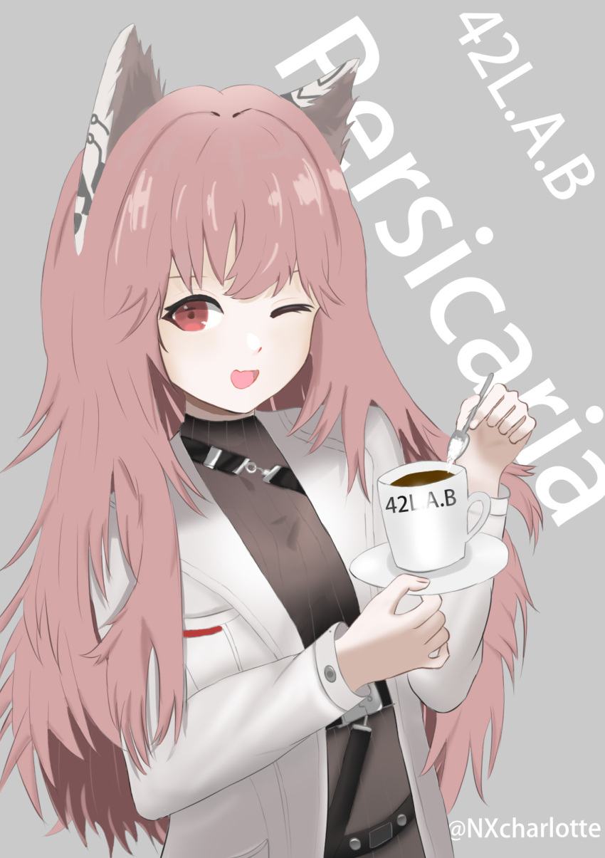 1girl ;d animal_ears black_sweater cat_ears character_name coat coffee_mug cup girls'_frontline_neural_cloud girls_frontline highres holding holding_plate holding_spoon looking_at_viewer mug nxcharlotte one_eye_closed open_mouth persica_(girls'_frontline) persicaria_(girls'_frontline_nc) pink_hair plate ribbed_sweater smile spoon sweater twitter_username upper_body white_coat