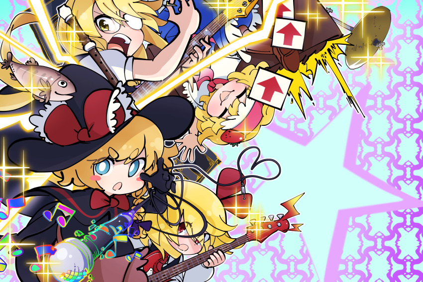 4girls absurdres algodoo alice_margatroid apron arrow_(symbol) ascot bangs black_capelet black_gloves black_headwear black_skirt black_vest blonde_hair blue_eyes blush blush_stickers boots bow braid brown_apron brown_footwear capelet closed_eyes commentary_request cookie_(touhou) cowboy_shot cymbals drum drum_set elbow_gloves electric_guitar eyes_visible_through_hair fish flat_chest flute food-themed_hair_ornament glasses gloves gram_9 guitar hair_between_eyes hair_ornament hair_ribbon hairband hat hat_bow highres ichigo_(cookie) instrument kirisame_marisa long_hair looking_at_viewer meguru_(cookie) microphone multiple_girls nadeko_(cookie) opaque_glasses open_mouth partially_opaque_glasses pink_hairband red_ascot red_bow red_eyes red_ribbon ribbon rumia short_hair side_braid single_braid skirt sparkle star_(symbol) strawberry_hair_ornament thick_eyebrows touhou uzuki_(cookie) v-shaped_eyebrows vest waist_apron witch_hat yellow_eyes