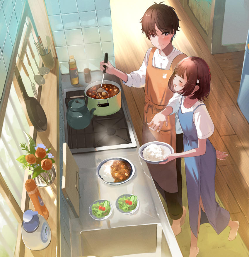 1boy 1girl absurdres ahoge apron bangs barefoot blue_apron blush bob_cut brown_hair closed_eyes collarbone cooking curry cutting_board flat_chest flower food from_above highres holding indoors kettle ladle long_sleeves looking_at_another medium_hair open_mouth orange_apron original plate rice salad shirt short_hair short_sleeves sink skillet smelling smile stove tasuku_(otomebotan) violet_eyes white_shirt wooden_floor