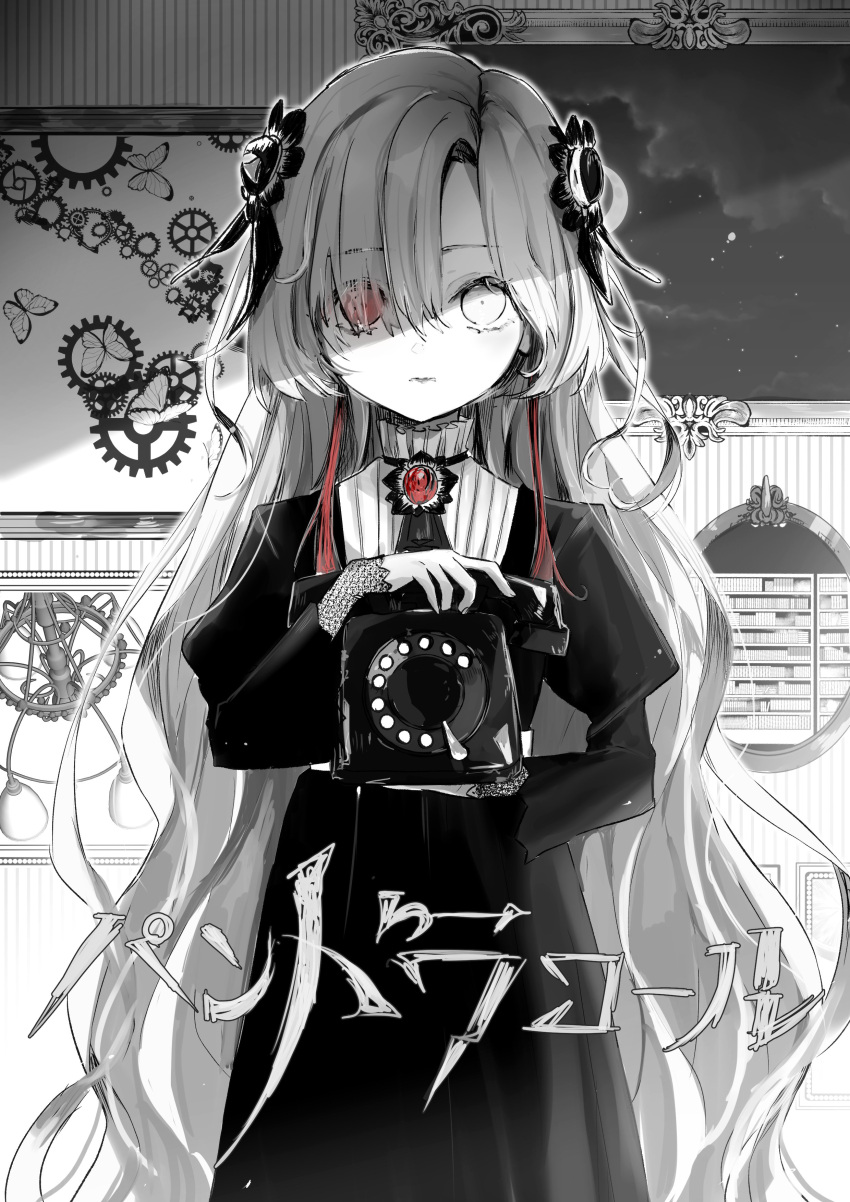 1girl absurdres akebisousaku brooch dress expressionless gears hair_ornament hair_over_one_eye heterochromia highres holding holding_phone isekai_joucho jewelry kamitsubaki_studio long_hair long_sleeves looking_at_viewer mirror monochrome multicolored_hair phone picture_(object) red_eyes redhead shade sketch solo song_name spot_color straight-on two-tone_hair upper_body very_long_hair virtual_youtuber