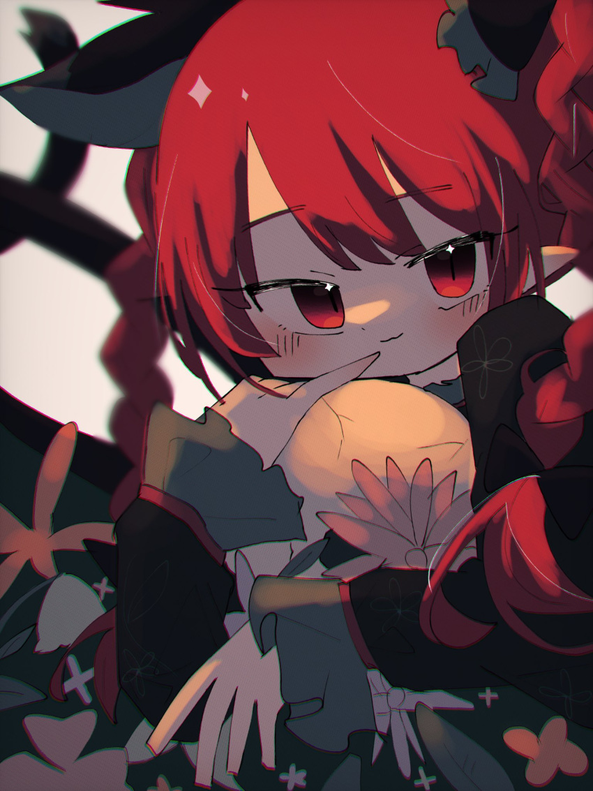 1girl :3 animal_ears black_dress blurry blush braid cat_ears cat_tail depth_of_field dress extra_ears flower highres holding holding_skull kaenbyou_rin kagiyama0303 looking_at_viewer multiple_tails pointy_ears red_eyes redhead simple_background skull slit_pupils tail touhou twin_braids two_tails