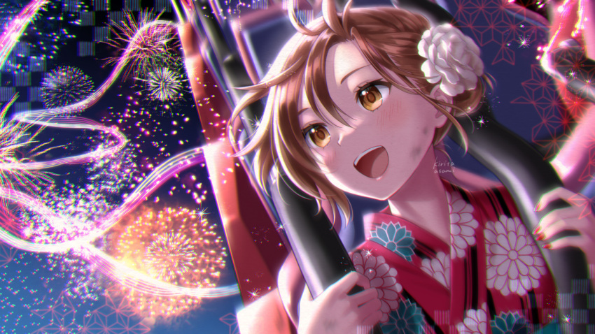 1girl aerial_fireworks bangs blush brown_eyes brown_hair dirty dirty_face fireworks flower hair_bun hair_flower hair_ornament holding japanese_clothes kimono kirita_asami looking_away looking_to_the_side meiko_(vocaloid) nail_polish night night_sky open_mouth outdoors roller_coaster short_hair sky smile solo vocaloid yukata