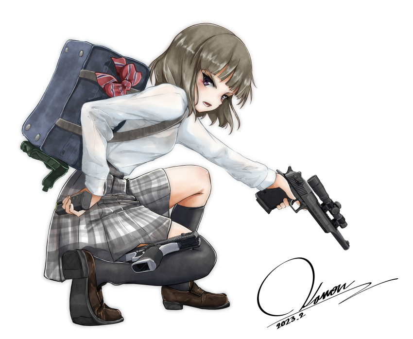 1girl bag bangs black_socks bow brown_footwear brown_hair commentary_request dated desert_eagle from_side full_body grey_skirt gun handgun highres holding holding_gun holding_weapon kouon_(socommk23) loafers long_sleeves looking_at_viewer looking_to_the_side magazine_(weapon) open_mouth original over-kneehighs plaid plaid_skirt pleated_skirt red_bow school_bag scope shirt shoe_soles shoes signature simple_background single_over-kneehigh single_thighhigh skirt sleeves_past_wrists socks solo squatting thigh-highs violet_eyes weapon white_background white_shirt