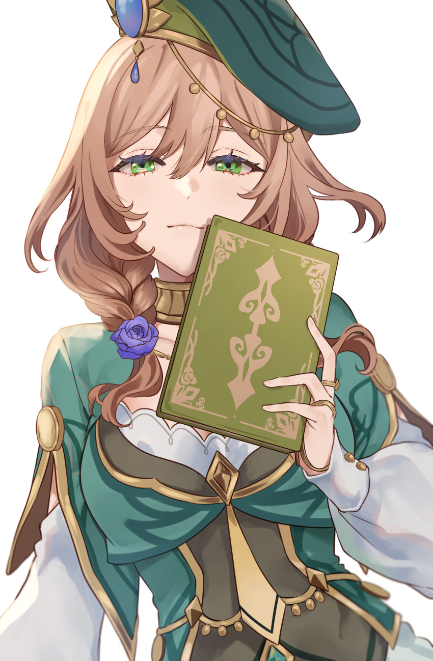 1girl absurdres beret blue_flower blue_rose book braid breasts brown_hair capelet closed_mouth commentary dress eyelashes flower genshin_impact gold_trim green_capelet green_eyes green_headwear hair_between_eyes hat highres holding holding_book jewelry light_smile lisa_(a_sobriquet_under_shade)_(genshin_impact) lisa_(genshin_impact) long_sleeves looking_at_viewer medium_breasts medium_hair neck_ring official_alternate_costume ring rose simple_background smile solo twin_braids upper_body white_background white_dress yamabuki0211