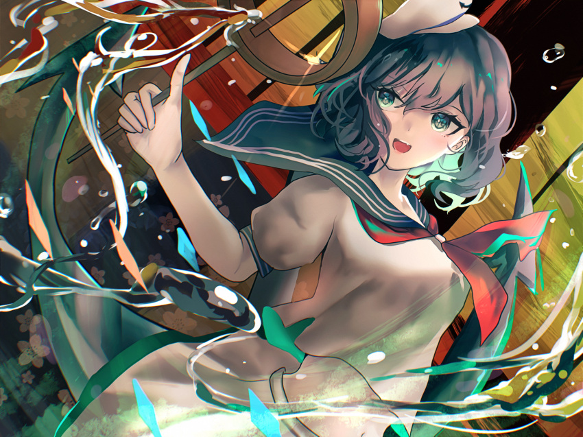 1girl anchor anchor_symbol aqua_eyes black_hair collared_shirt hat highres holding holding_ladle ladle midriff murasa_minamitsu navel neckerchief open_mouth pale_skin red_neckerchief remyaruku65 sailor_collar sailor_hat shirt short_hair short_sleeves skirt solo symbol-shaped_pupils touhou water white_headwear white_shirt