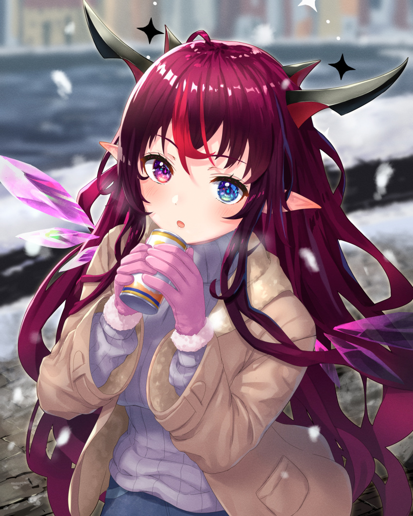 1girl alternate_costume asymmetrical_wings blue_eyes blush brown_coat can coat commentary crystal_wings gloves grey_sweater heterochromia highres holding holding_can hololive hololive_english horns irys_(hololive) long_hair long_sleeves looking_at_viewer mismatched_wings multicolored_hair multiple_horns open_mouth outdoors pensuke pink_eyes pink_gloves pointy_ears redhead snow snowing solo streaked_hair surprised sweater turtleneck turtleneck_sweater very_long_hair virtual_youtuber wings winter