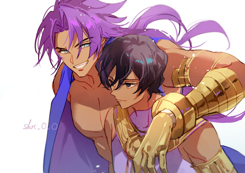 2boys arjuna_(fate) armlet bhima_(fate) black_eyes black_hair blue_eyes brothers closed_mouth commentary_request dark-skinned_male dark_skin fate/grand_order fate_(series) gauntlets grin hand_on_another's_shoulder height_difference jewelry long_hair looking_at_another male_focus multiple_boys purple_hair sakuramochi1003 short_hair siblings simple_background smile teeth twitter_username white_background