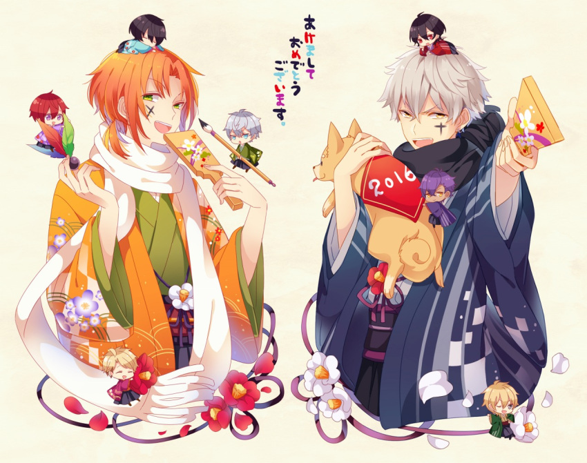 2016 6+boys :d bangs black_hair black_jacket black_sash black_scarf blonde_hair calligraphy_brush camellia checkered_clothes commentary_request cropped_torso dark-skinned_male dark_skin dog ensemble_stars! facepaint floral_print flower green_eyes green_kimono grey_hair hagoita hakaze_kaoru hands_up hane_(hanetsuki) hanetsuki haori holding holding_paddle jacket japanese_clothes kimono kina_(446964) knights_(ensemble_stars!) long_sleeves looking_at_viewer male_focus medium_hair miniboy multiple_boys narukami_arashi obi obiage obijime ogami_koga open_clothes open_jacket open_mouth orange_hair orange_jacket otogari_adonis outstretched_arm paddle paintbrush parted_bangs petals purple_hair red_flower red_sash redhead sakuma_rei_(ensemble_stars!) sakuma_ritsu sash scarf sena_izumi_(ensemble_stars!) shiba_inu short_hair sidelocks simple_background smile suou_tsukasa teeth translation_request tsukinaga_leo undead_(ensemble_stars!) upper_body upper_teeth_only v-shaped_eyebrows white_flower white_scarf wide_sleeves yellow_eyes