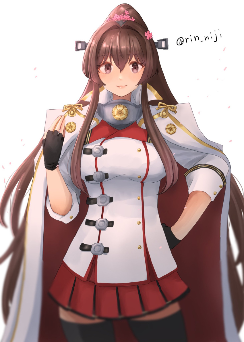 1girl adapted_costume black_thighhighs breasts brown_eyes brown_hair capelet cherry_blossoms cosplay fingerless_gloves flower gloves hair_between_eyes hair_flower hair_ornament headgear highres kantai_collection large_breasts long_hair looking_at_viewer miniskirt musashi_(kancolle) musashi_(kancolle)_(cosplay) ponytail rin_(rin_niji) sakuramon simple_background skirt solo thigh-highs twitter_username white_background yamato_(kancolle)