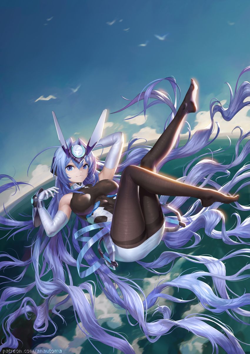 1girl above_clouds absurdly_long_hair absurdres anautoma azur_lane blue_hair bodystocking breasts clouds elbow_gloves floating floating_hair flying full_body gloves headgear highres large_breasts long_hair looking_at_viewer new_jersey_(azur_lane) pantyhose solo thigh-highs thighband_pantyhose very_long_hair white_gloves