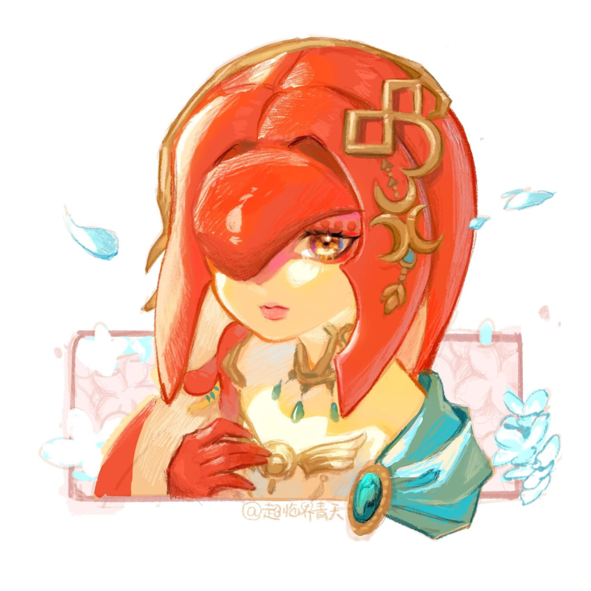 1girl camille-sky closed_mouth colored_skin commentary_request fins fish_girl flower hair_ornament hand_up highres jewelry long_hair looking_at_viewer mipha monster_girl multicolored_skin no_eyebrows petals pointy_ears red_skin redhead smile solo the_legend_of_zelda the_legend_of_zelda:_breath_of_the_wild two-tone_skin white_background yellow_eyes zora