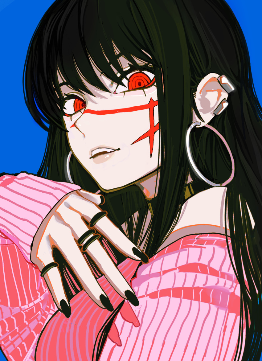 1girl absurdres bangs black_hair black_nails blue_background chainsaw_man earrings highres hoop_earrings jewelry long_hair looking_at_viewer multiple_rings off-shoulder_sweater off_shoulder open_mouth pink_sweater red_eyes ring ringed_eyes sailen0 simple_background sleeves_past_wrists solo sweater yoru_(chainsaw_man)