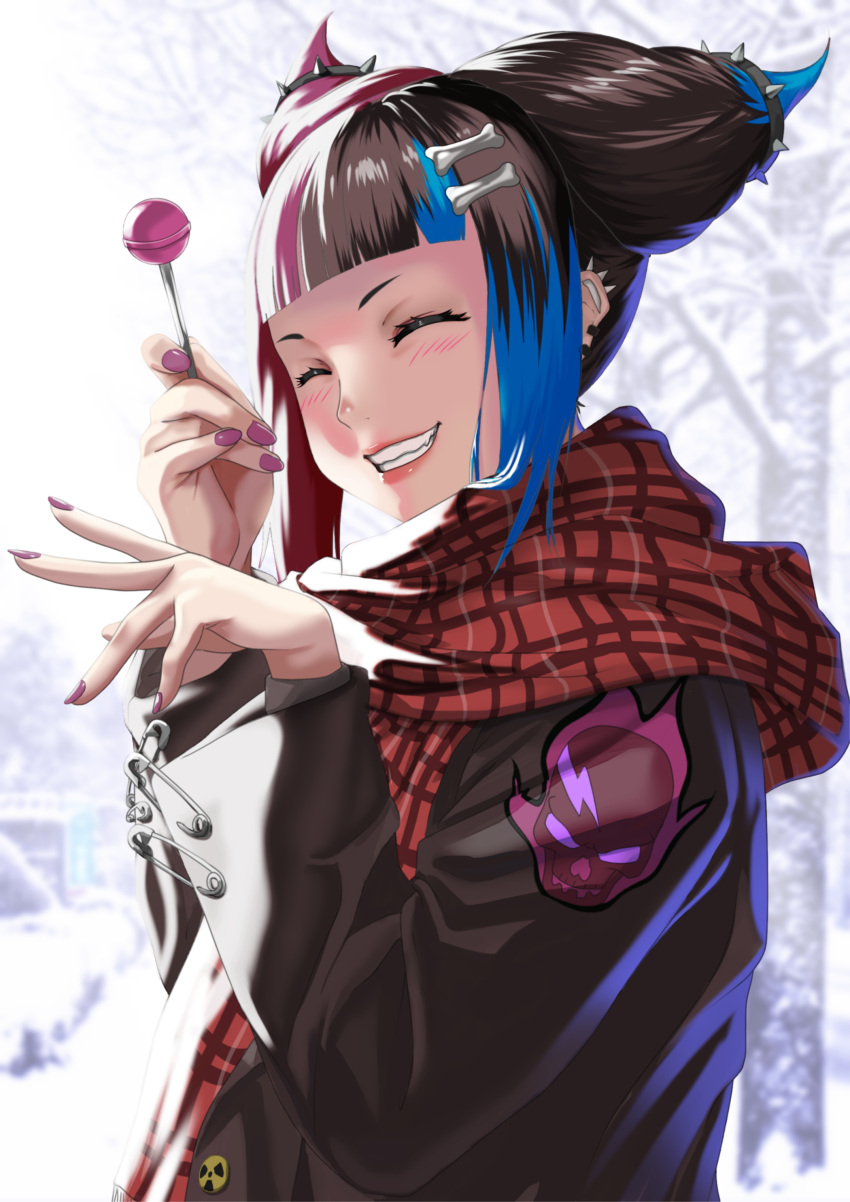 1girl absurdres aged_down alternate_costume bangs black_coat black_hair blue_hair blunt_bangs blush bone_hair_ornament candy closed_eyes coat commentary_request fingernails food hair_horns hair_ornament han_juri happy highres holding holding_candy holding_food holding_lollipop lips lollipop multicolored_hair nail_polish plaid plaid_scarf purple_hair purple_nails safety_pin scarf short_hair sidelighting smile solo spiked_ear_piercing street_fighter street_fighter_v winter_clothes yagi_(joe731842)