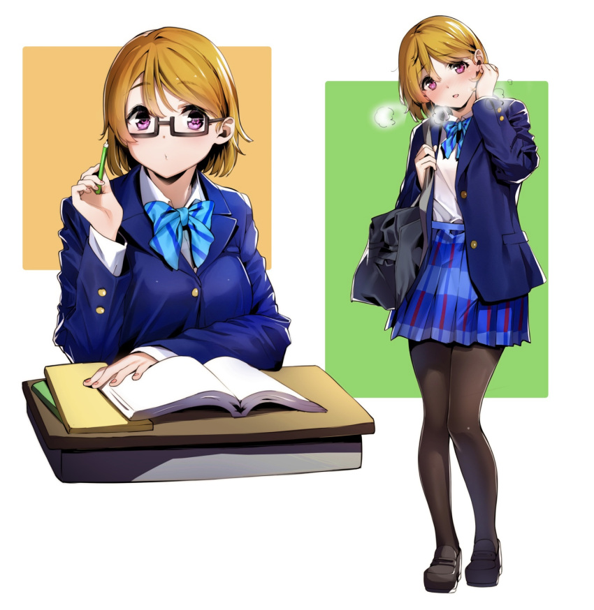 1girl black_pantyhose blue_bow blue_bowtie blue_jacket blue_skirt book bow bowtie breath brown_hair carrying_bag collared_shirt expressions glasses hair_between_eyes highres holding holding_pencil jacket koizumi_hanayo loafers long_sleeves looking_at_viewer love_live! nakano_maru open_clothes open_jacket open_mouth otonokizaka_school_uniform pantyhose parted_lips pencil plaid plaid_skirt pleated_skirt school_uniform shirt shoes short_hair skirt smile solo standing striped striped_bow striped_bowtie tail twitter_username violet_eyes white_shirt wing_collar