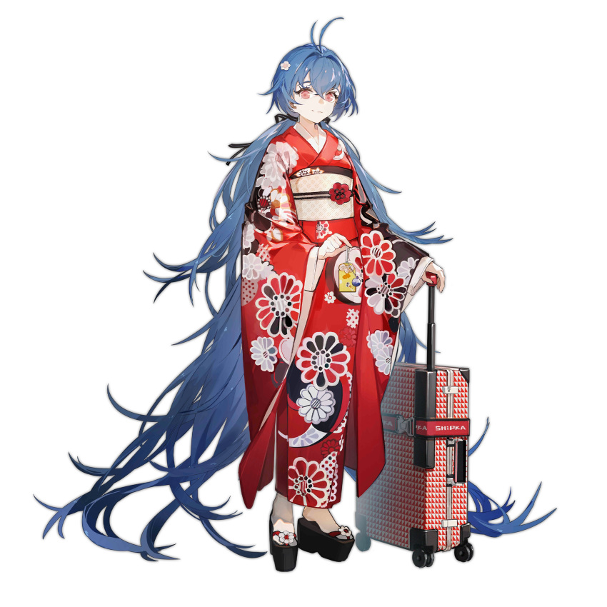 1girl antenna_hair artist_request bangs black_ribbon blue_hair character_name charm_(object) check_artist closed_mouth crossed_bangs flower full_body geta girls_frontline hair_between_eyes hair_flower hair_ornament hair_ribbon highres japanese_clothes kimono long_hair looking_at_viewer nine_(liuyuhao1992) obi red_eyes red_kimono ribbon rolling_suitcase sash shipka_(girls'_frontline) shipka_(when_writing_a_new_poem)_(girls'_frontline) simple_background smile socks solo standing suitcase tabi transparent_background twintails very_long_hair white_socks