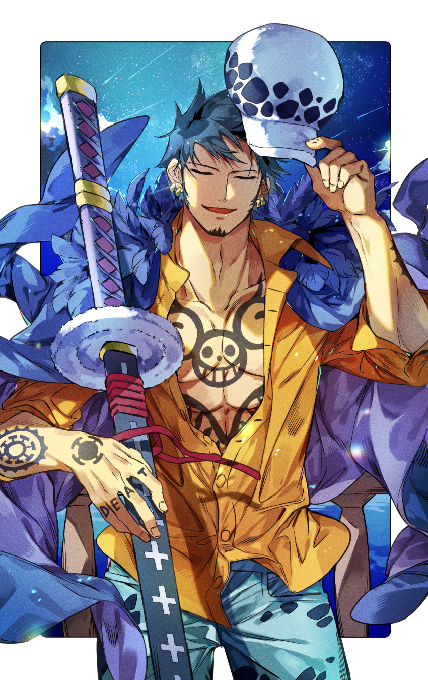 1boy absurdres black_hair closed_eyes earrings facial_hair hat highres holding holding_clothes holding_hat holding_weapon jewelry katana oboro_keisuke one_piece open_mouth pants shirt short_hair sword tattoo trafalgar_law weapon white_headwear yellow_shirt