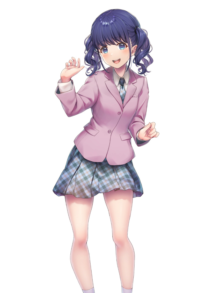 1girl bangs blazer blue_eyes blue_hair blush character_request collared_shirt copyright_request highres jacket kawahara_minamo long_hair long_sleeves looking_at_viewer necktie open_mouth plaid plaid_skirt pleated_skirt school_uniform shirt skirt smile socks solo twintails