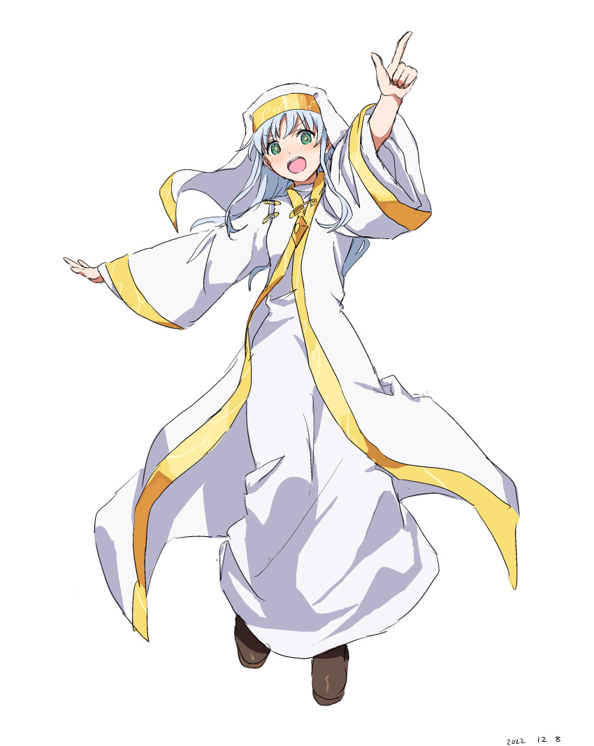 1girl absurdres arm_up bright_pupils brown_footwear contrapposto flat_chest gold_trim green_eyes habit highres index_(toaru_majutsu_no_index) long_hair looking_at_viewer nun open_mouth outstretched_arm pointing robe safety_pin shadow smile standing takatisakana toaru_majutsu_no_index white_background white_pupils white_robe