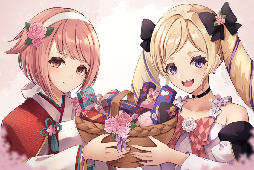 2girls :d bangs bare_shoulders basket black_bow blonde_hair bow detached_sleeves dress earrings elise_(fire_emblem) elise_(valentine)_(fire_emblem) fire_emblem fire_emblem_fates fire_emblem_heroes flower gift hair_bow hair_flower hair_ornament hairband highres holding holding_basket japanese_clothes jewelry kimono long_hair long_sleeves looking_at_viewer multicolored_hair multiple_girls official_alternate_costume pink_eyes pink_hair purple_hair reia_hana sakura_(fire_emblem) sakura_(valentine)_(fire_emblem) short_hair smile twintails twitter_username two-tone_hair very_long_hair violet_eyes white_dress white_hairband white_kimono wide_sleeves