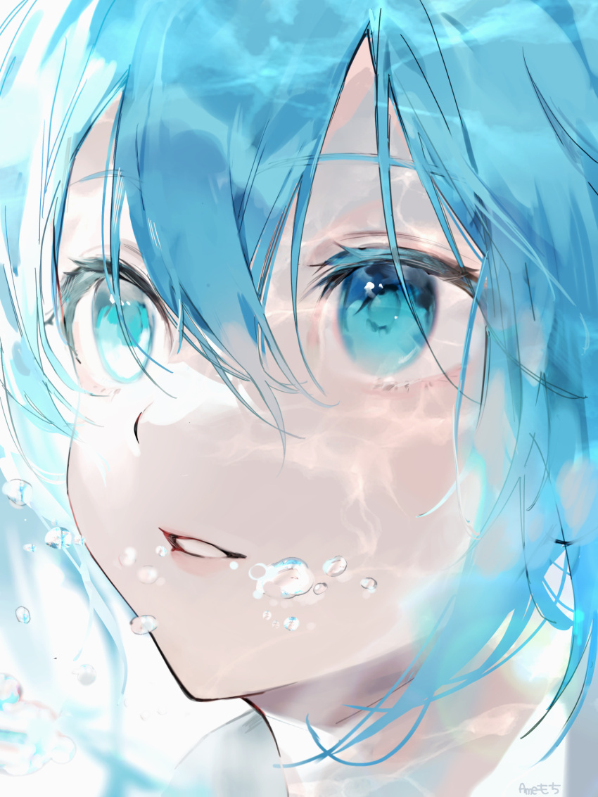 1girl ame929 artist_name bangs blue_eyes blue_hair collared_shirt commentary hair_between_eyes hatsune_miku highres lips long_hair looking_up shirt simple_background solo teeth twintails underwater upper_body vocaloid water water_drop white_background white_shirt wing_collar