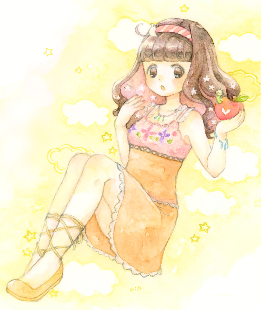 1girl apple bracelet brown_eyes brown_hair clouds dress food frilled_dress frilled_straps frills fruit hairband highres holding holding_food holding_fruit jewelry open_mouth orange_footwear painting_(medium) pop'n_music pot37 red_apple sanae-chan shoes solo star_(symbol) striped striped_hairband traditional_media watercolor_(medium) worm