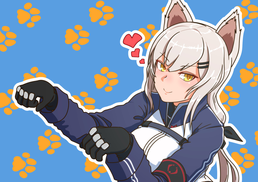 1girl animal_ears armband black_armband black_gloves blue_background bow cat_ears girls_frontline gloves grey_hair hair_bow hair_ornament hairclip heart highres jacket long_hair looking_at_viewer m590_(girls'_frontline) paw_pose paw_print paw_print_background smile solo tomtom_drawing upper_body yellow_eyes