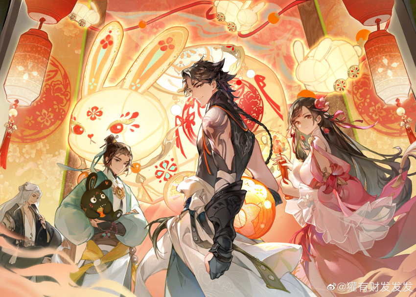 1girl 3boys absurdres bangs black_hair chinese_clothes festival hand_fan hanfu highres holding holding_fan huanyoucai lantern long_hair long_sleeves looking_at_viewer looking_back multiple_boys original paper_lantern parted_bangs rabbit tassel white_hair wide_sleeves
